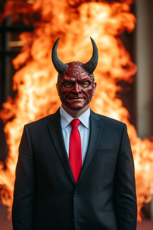 Corporate Devil In Business Suit With Red Horns Against Blazing Inferno Fire And Business Concept.の素材