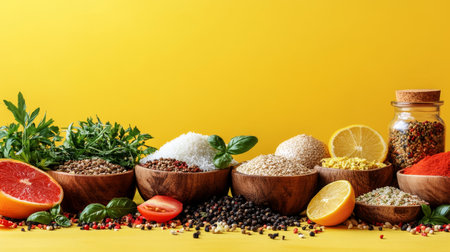 Fresh, Healthy Food Ingredients in Bowls on Vibrant Yellow Background, Healthy Eating Conceptの素材