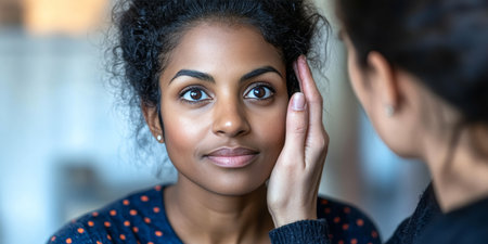 Close Up, Connection, Affection Black Woman Gazes with Hope During Skincare Consultationの素材