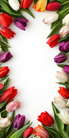 Colorful tulips border frame on a white background with space for text,. Floral pattern.,の素材
