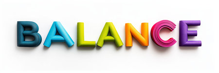 Colorful Word Balance Made from Rolled Yoga Exercise Roll Mat Letters on White Backgroundの素材