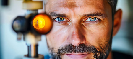Close-up of a Man s Face Undergoing an Advanced Eye Exam with Digital Imaging Technology.の素材