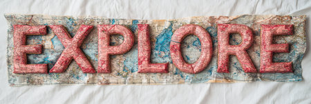 Explore Vintage Red Lettering Adventure Travel Background with a Crumpled, Worn US Mapの素材