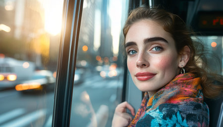 Golden Hour Commute Young Woman Smiles Subtly Through City Bus Window, Blurred Lights in Backgroundの素材
