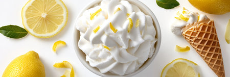 Refreshing Lemon Ice Cream With Waffle Cone, Bowl And Lemon Slices On White Backgroundの素材