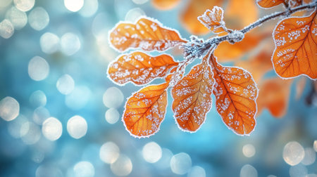Frosty Orange Oak Leaves in Winter Close-Up Nature Photography with Bokeh Backgroundの素材