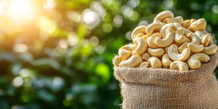 Overflowing Burlap Sack of Shelled Cashew Nuts Against a Blurred Background With Copy Spaceの素材