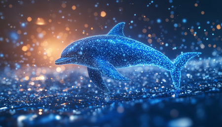 3D Rendered Holographic Dolphin Leaping, A Digital Oceanic Display of Advanced Technologyの素材