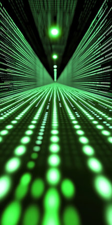Abstract Data Transfer Green Particles and Light Trails Converge in a Digital Information Streamの素材
