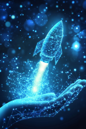 Startup Launch Concept Abstract Polygonal Rocket Launching From a Hand Against a Blue Backgroundの素材