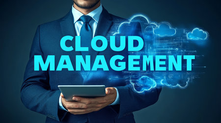 IT Professional Manages Cloud Storage Solutions, Represented by Glowing Text Cloud Managementの素材