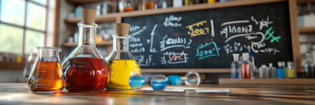 Softly Blurred Blackboard with Formulas and Glassware in a Cozy Chemistry Laboratory Settingの素材