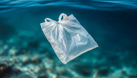 Plastic Bag Drifting Through Ocean Waters, Symbol of Pollution and Environmental Impactの素材