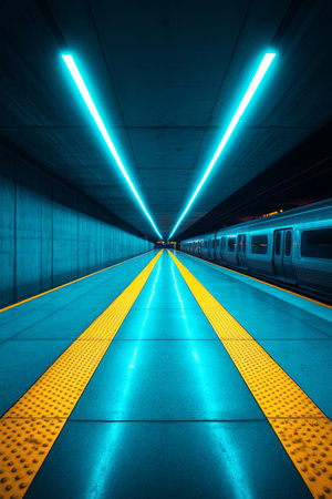 Empty Subway Platform with Glowing Lights and a Train at Night, Modern Urban Transportationの素材