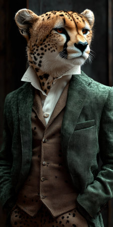 Anthropomorphic Cheetah in Elegant Suit, Dark and Moody, Blending Animal and Human Traitsの素材