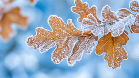 Frosted Oak Leaves on a Winter Day, Close-up, Abstract Natural Background, Symbol Of Resilienceの素材