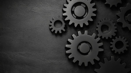 Mechanism background with metallic black gears on a dark background. 3D Illustration.の素材