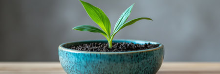 New Life In Blue Ceramic - Green Sprout in Fresh Soil, Indoor Gardening, Growth Conceptの素材