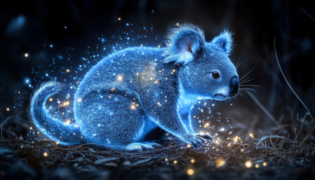 Magical Glimmering Koala Enchanting Wildlife Portrait with Sparkling Lights and Dark Backgroundの素材