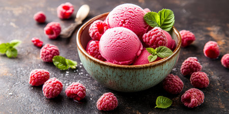Bowl Of Delicious Raspberry Ice Cream With Fresh Raspberries, Mint Leaves On Dark Backgroundの素材