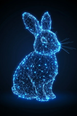 Holographic Blue Rabbit, Illuminated Wireframe On Dark Background, Futuristic Art, Digital Renderの素材