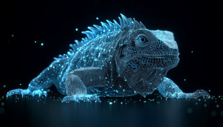 Holographic Lizard Futuristic Reptile Rendered in Glowing Blue Wireframe on Dark Background.の素材