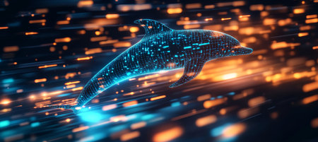 Holographic Dolphin Swimming Through Digital Code Streams, Representing Innovation And Technology.の素材