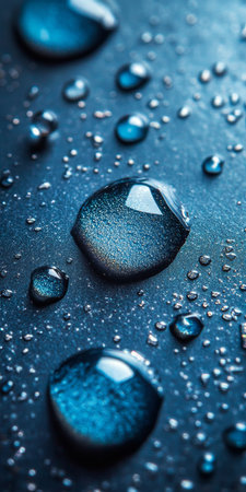 Close-up of Water Droplets on a Blue Hydrophobic Surface, Highlighting Water Resistanceの素材