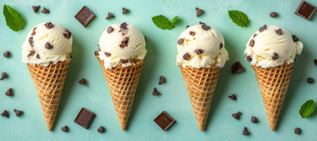 Frozen Mint Chocolate Ice Cream Cones Scoops Summer Mint Green Background Chocolate Shavingsの素材
