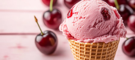 Refreshing Cherry Ice Cream In A Waffle Cone With Fresh Cherries On A Pink Backgroundの素材