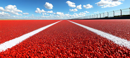 Bright Future Empty Red Racing Track Under Blue Skies Symbolizing Achievement And Goalの素材