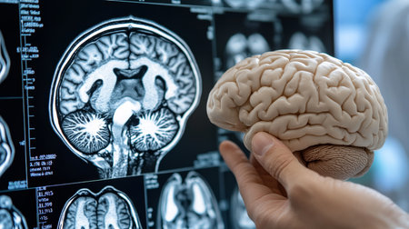 Doctor Analyzing MRI Brain Scans with Anatomical Model, Neurology and Healthcare Concept.の素材
