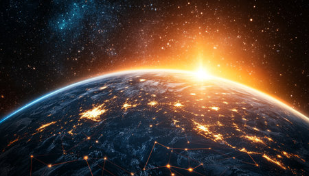 Planet Earth With Network Grid, Global Connections And Digital Technology. Concept Of Globalizationの素材