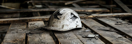 Cracked Hard Hat On Wooden Boards, Industrial Safety, Construction Accident, Rustic Styleの素材