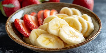 Bowl of Freshly Sliced Bananas and Strawberries A Vibrant and Nutritious Snack Optionの素材