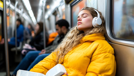 Woman Finds Tranquility in Book on Busy Subway Commute, Urban Relaxation, Modern City Lifeの素材