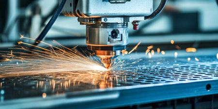 CNC Laser Cutting Metal Sheet with Sparks, Industrial Technology and Manufacturing Processの素材