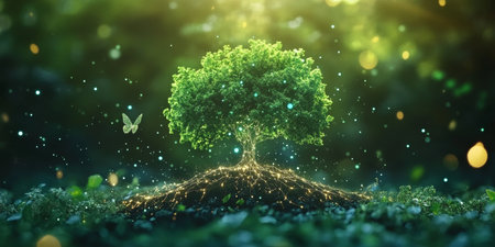 Magical Green Tree With Digital Neuron Roots In Forest, Nature And Technology Concept.の素材