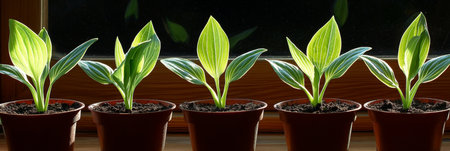Five Vibrant Hosta Sprouts Flourishing in Spring, Planted in Pots on a Sunlit Window Sillの素材