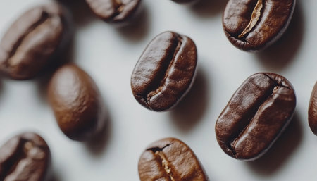 Roasted Coffee Beans A Collection of Freshly Roasted Aromatic Coffee Beans on a White Backgroundの素材