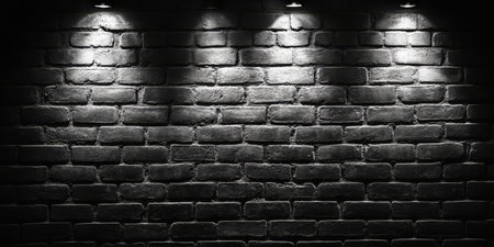 Dark Grunge Background, Three Illuminated Spots on Rough Brick Wall Texture, Copy Spaceの素材