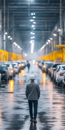 Engineer in White Helmet Walks Through a Modern Car Factory with Rows of New Vehiclesの素材
