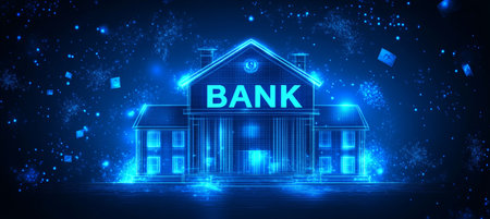 Blue Neon Outline of Bank Building, Finance and Modern Technology Concept of Virtual Financeの素材