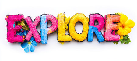 Vibrant Explore Sign Crafted with Colorful Flowers and Lush Green Leaves, Isolated on Whiteの素材