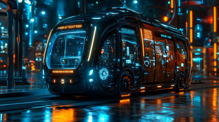 Self-Driving Electric Bus with City Network Connectivity, Representing Advanced Urban Mass Transit.の素材