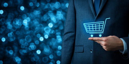 Businessman Holding Glowing Online Shopping Cart, Ecommerce Technology and Retail Conceptの素材