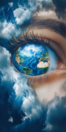 World Sight Day Concept Detailed Global Map Within A Human Eye Enveloped By Majestic Cloudscapeの素材