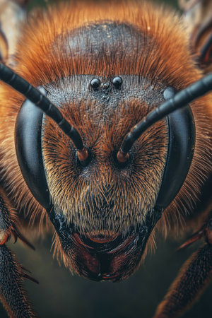 Intricate Details Macro Portrait of a Honeybee Showcasing Antennae, Eyes, and Proboscisの素材