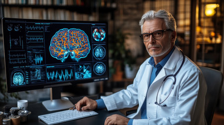 Senior Neurologist Examining Brain Scan on Computer Screen in Modern Office, Medical Researchの素材