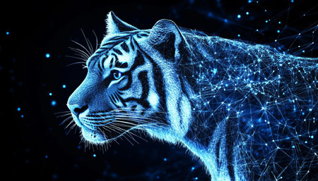 Futuristic Holographic Tiger, Glowing Lines, Particles, AI, Modern Technology Conceptの素材